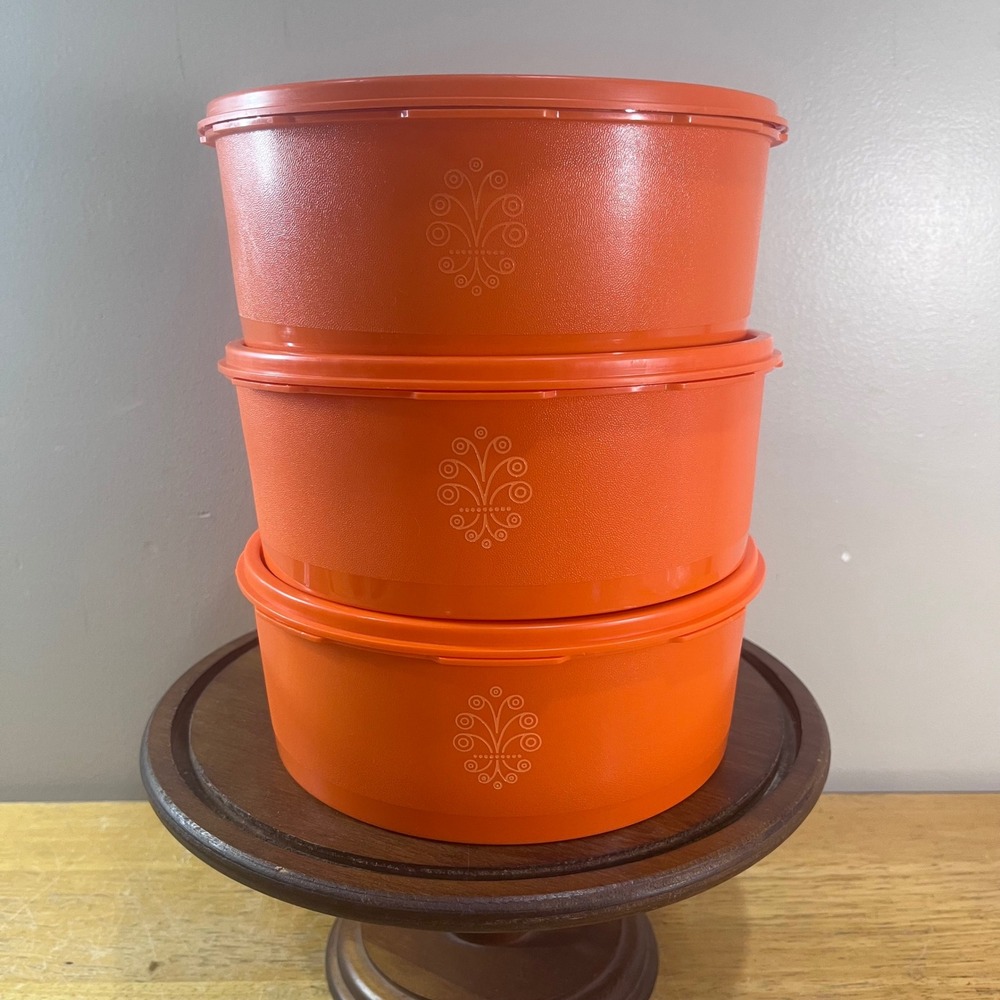 Tupperware Servalier Nesting Bowls Vtg Orange Set of 3 1204 Sunburst Lid MCM